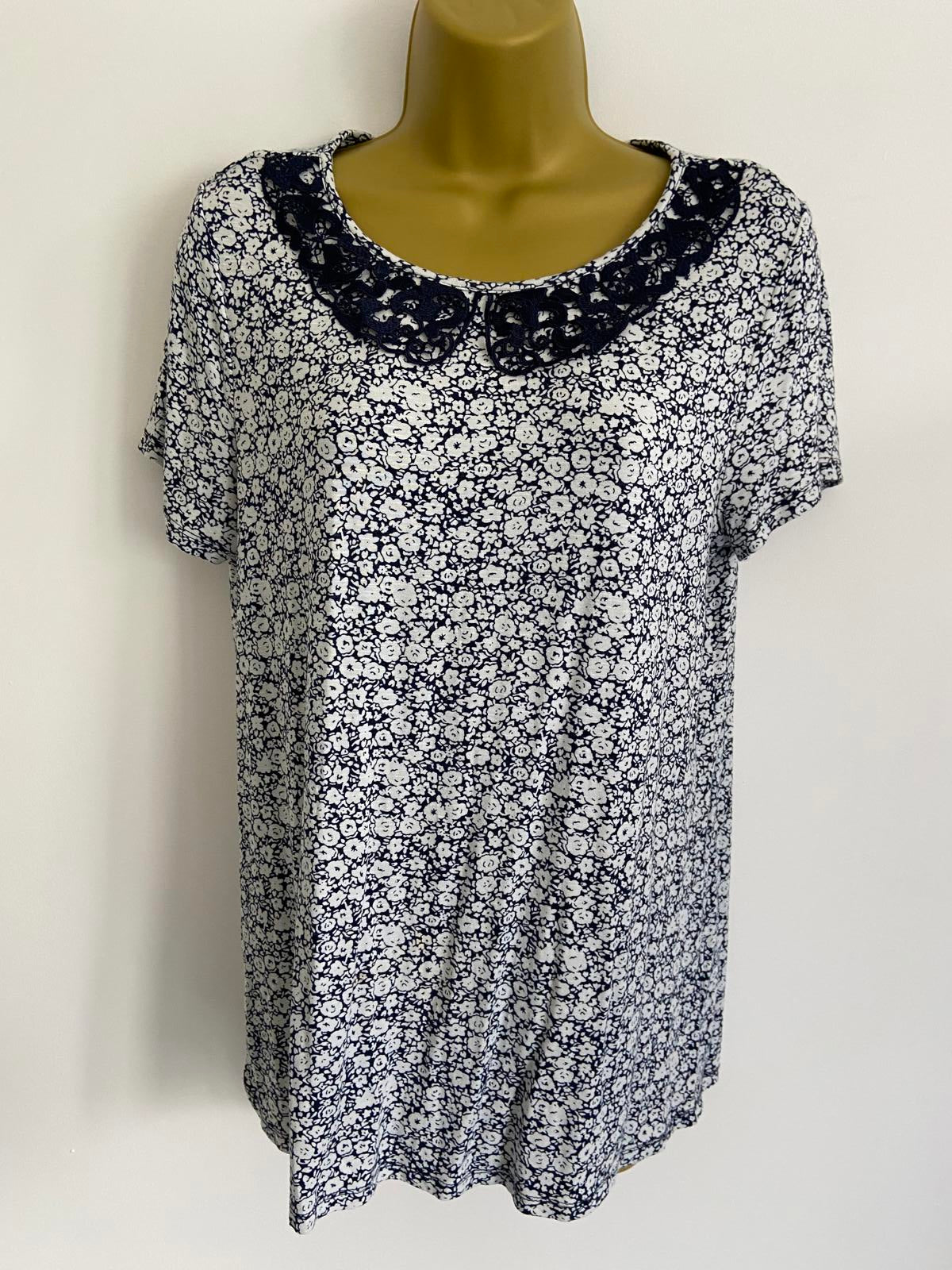 George Size 12 Navy & White Floral T-Shirt with Navy Lace Collar Detail