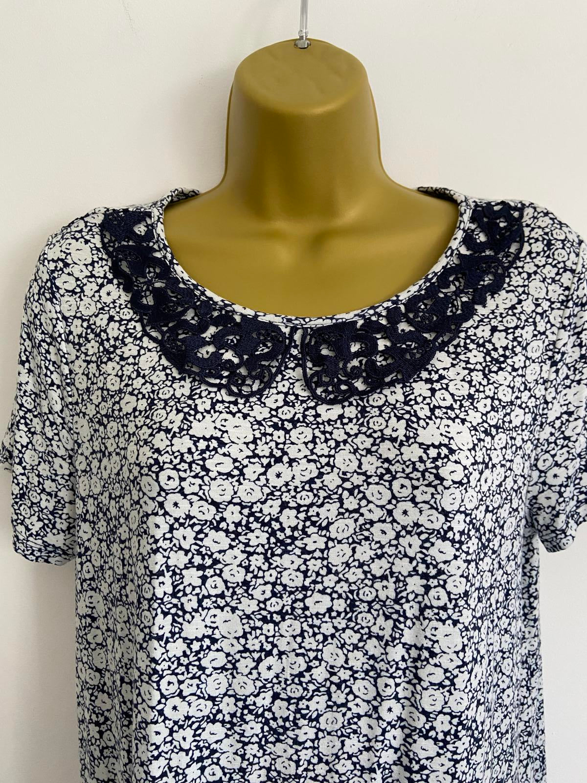 George Size 12 Navy & White Floral T-Shirt with Navy Lace Collar Detail