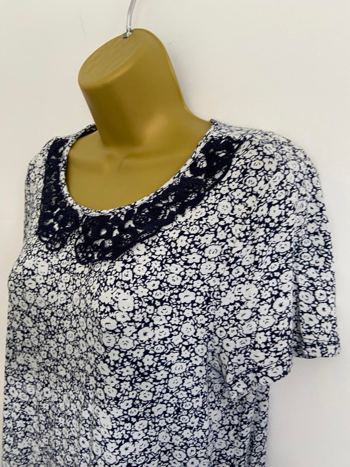 George Size 12 Navy & White Floral T-Shirt with Navy Lace Collar Detail