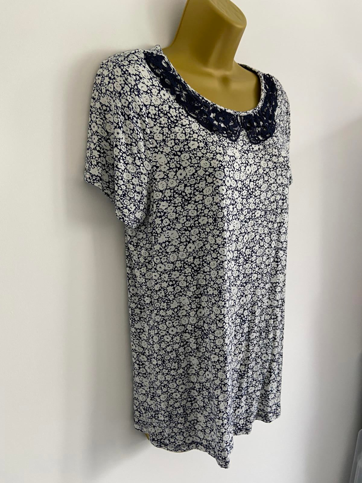 George Size 12 Navy & White Floral T-Shirt with Navy Lace Collar Detail