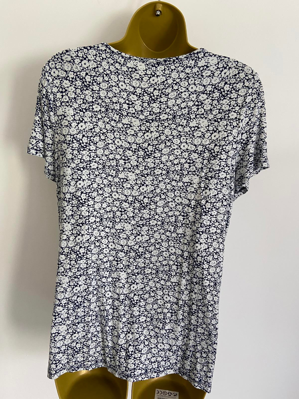 George Size 12 Navy & White Floral T-Shirt with Navy Lace Collar Detail