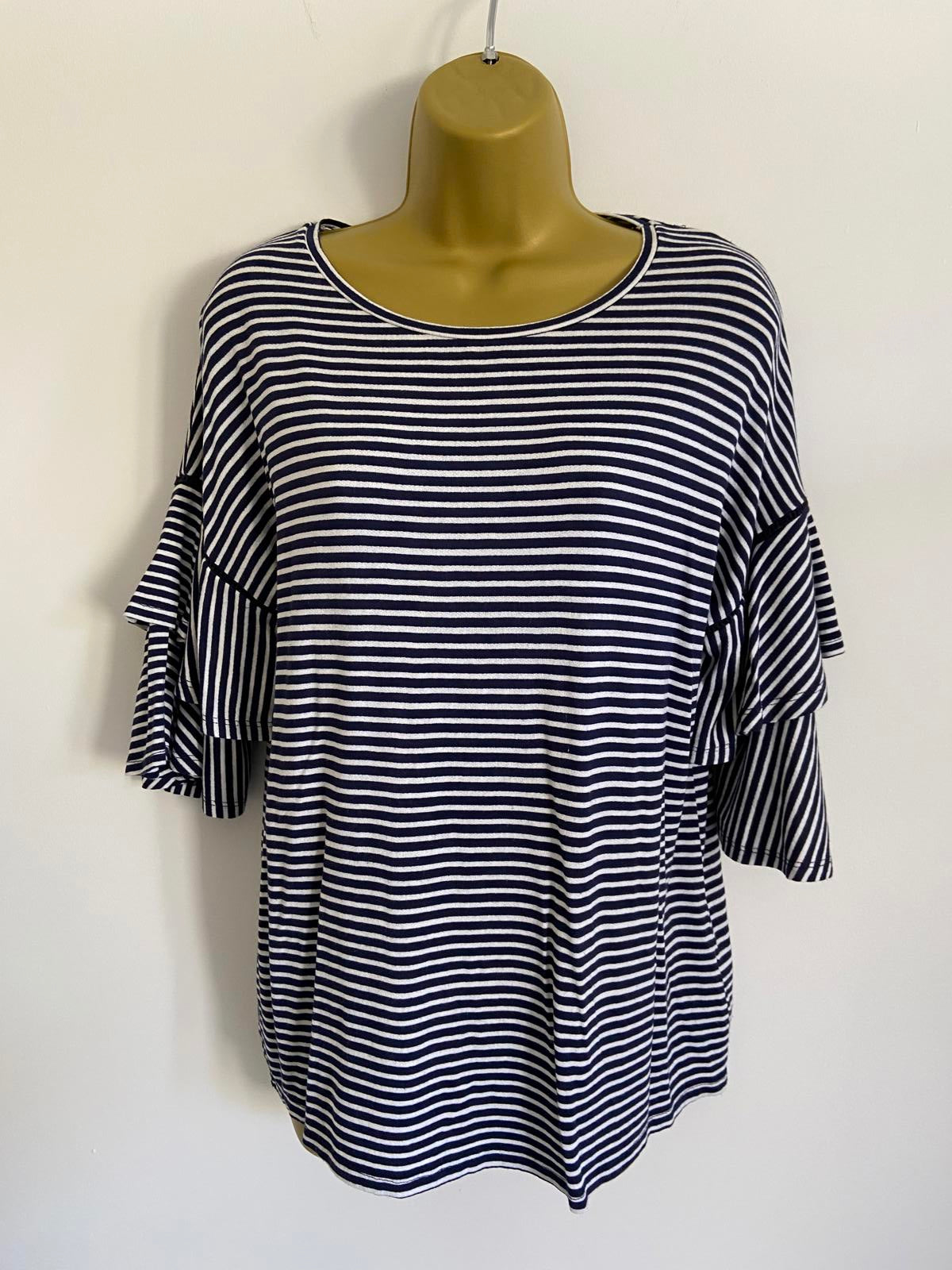 George Size 14 Blue & White Striped T-Shirt Double Ruffle Short Sleeve Top