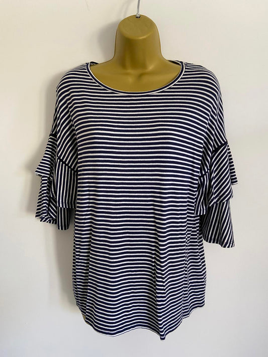 George Size 14 Blue & White Striped T-Shirt Double Ruffle Short Sleeve Top