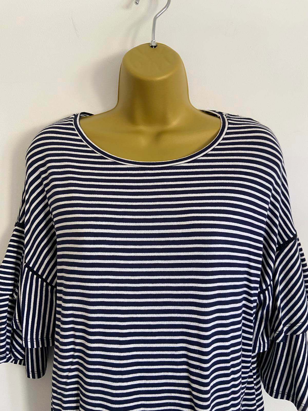 George Size 14 Blue & White Striped T-Shirt Double Ruffle Short Sleeve Top