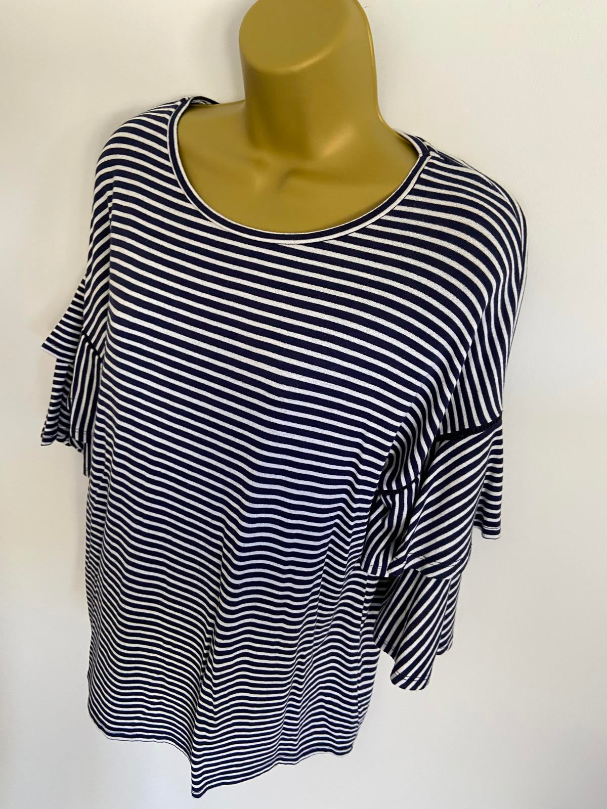 George Size 14 Blue & White Striped T-Shirt Double Ruffle Short Sleeve Top