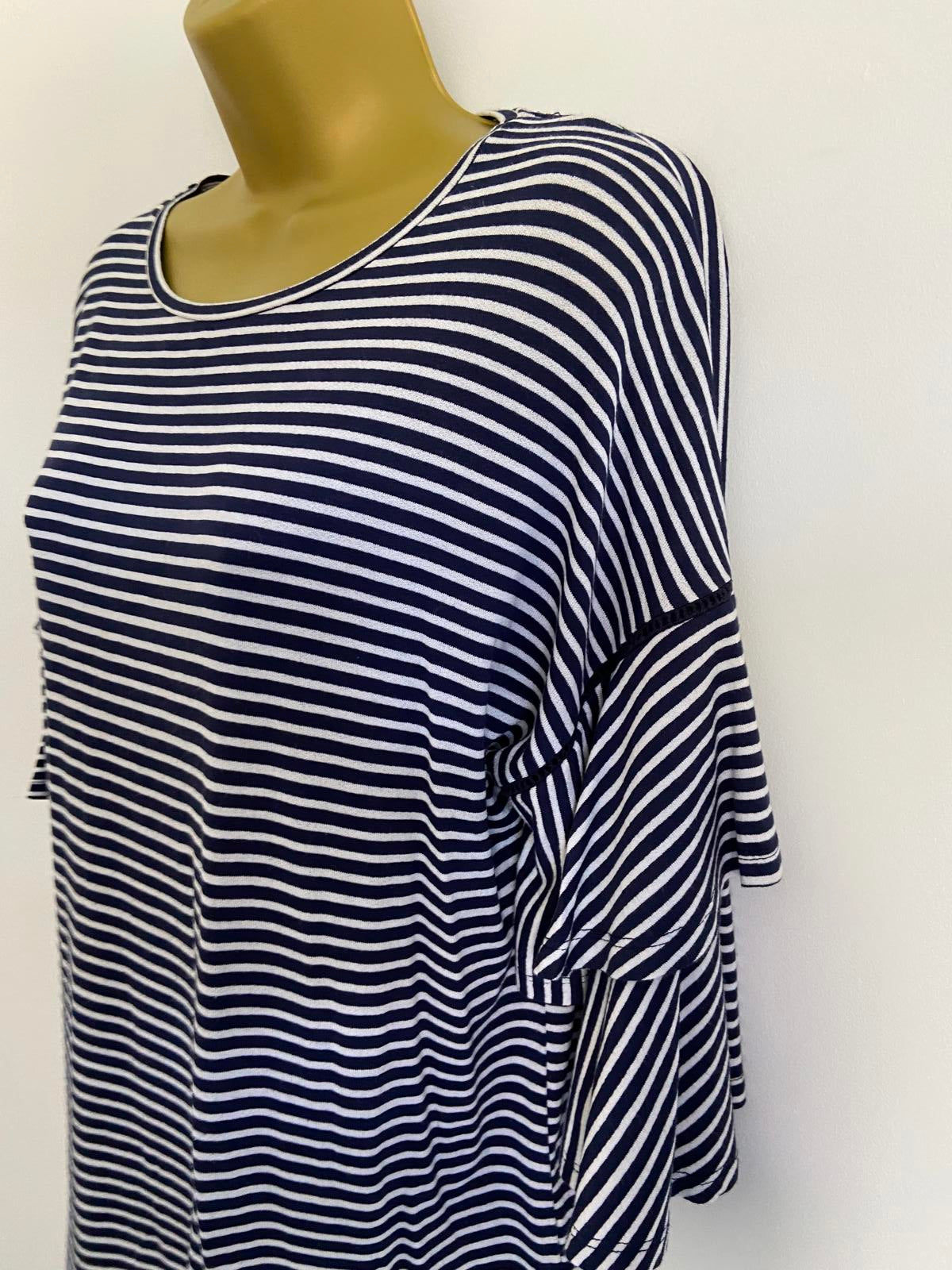 George Size 14 Blue & White Striped T-Shirt Double Ruffle Short Sleeve Top