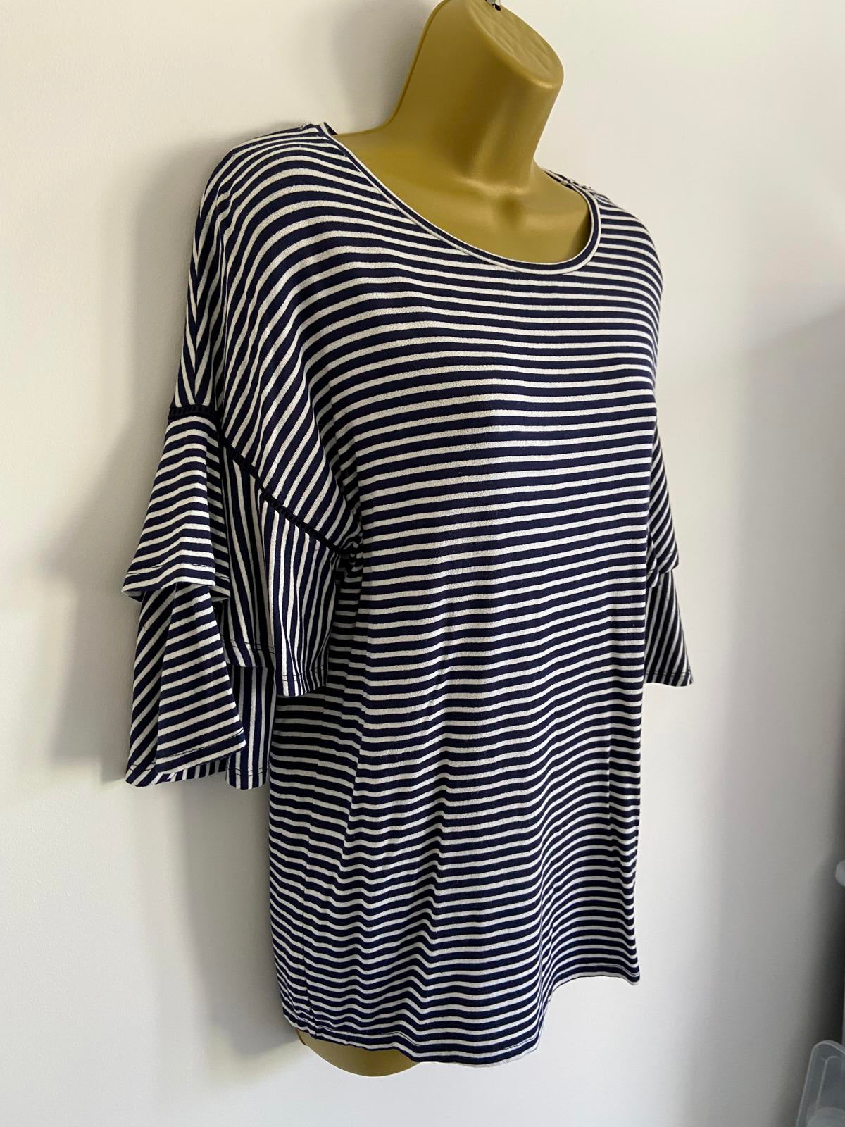 George Size 14 Blue & White Striped T-Shirt Double Ruffle Short Sleeve Top