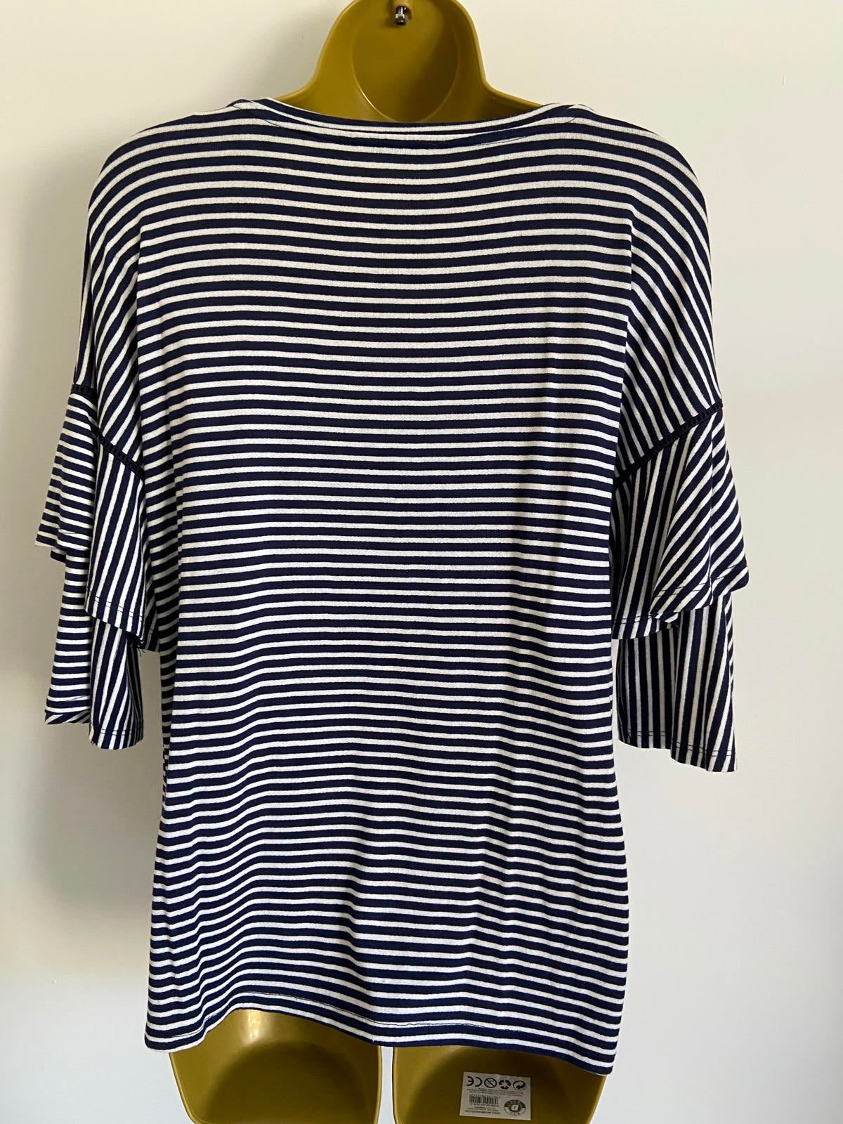 George Size 14 Blue & White Striped T-Shirt Double Ruffle Short Sleeve Top