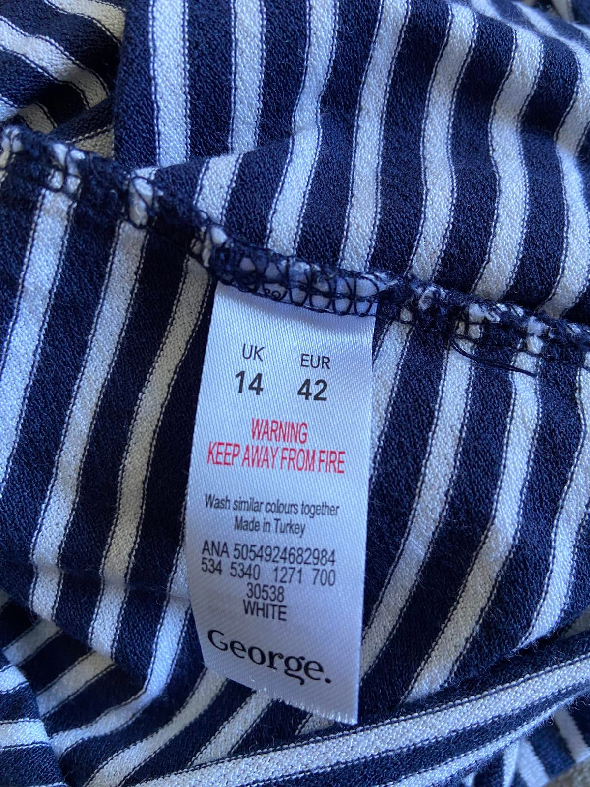George Size 14 Blue & White Striped T-Shirt Double Ruffle Short Sleeve Top