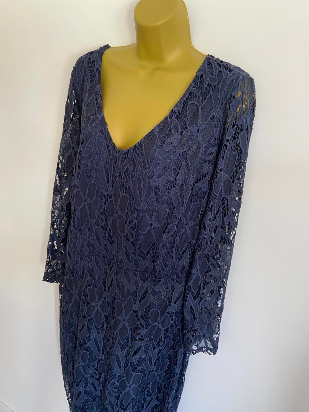 So Fabulous Size 18 Navy Blue Floral Lace V-Neck Long Sleeve Lined Party Dress