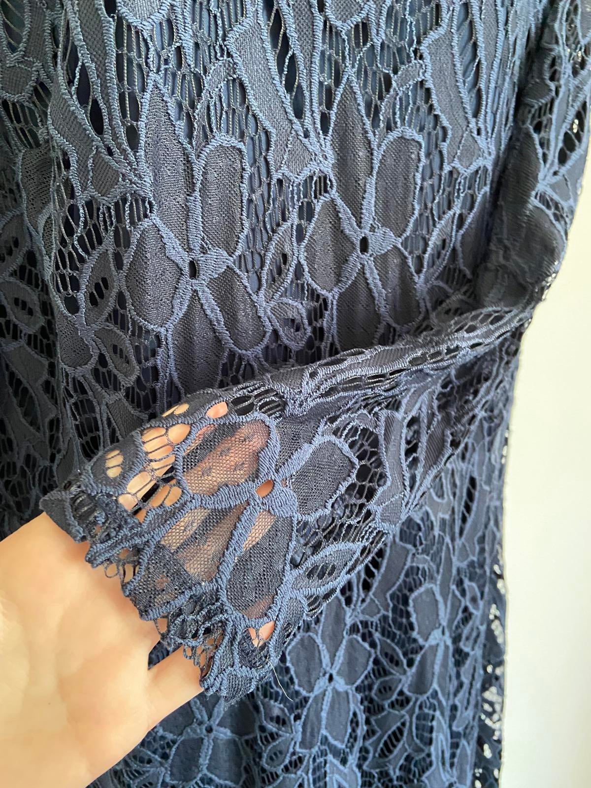 So Fabulous Size 18 Navy Blue Floral Lace V-Neck Long Sleeve Lined Party Dress