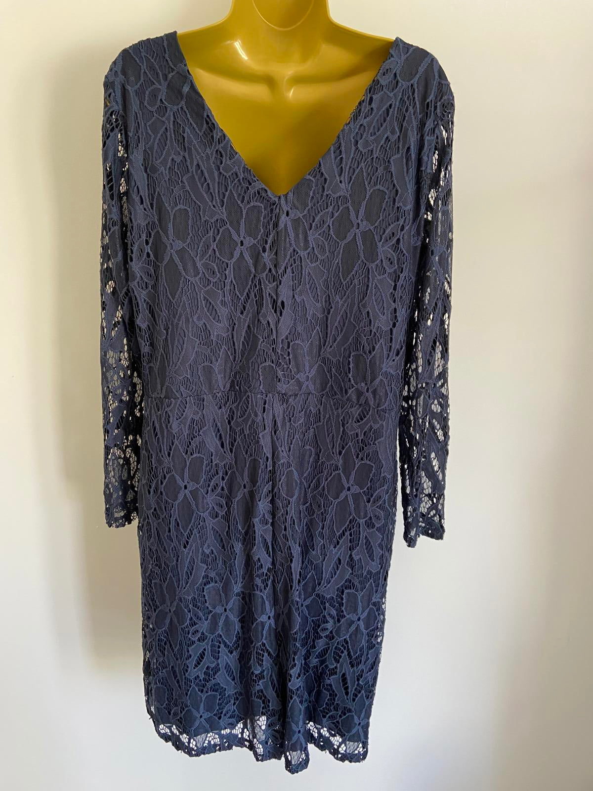 So Fabulous Size 18 Navy Blue Floral Lace V-Neck Long Sleeve Lined Party Dress