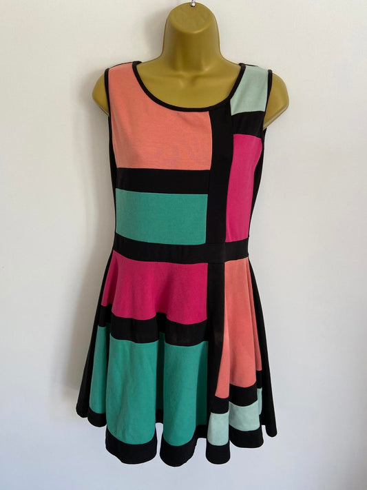 Boohoo Size 12 Colour Block Panel Skater Dress Coral Pink Green & Black