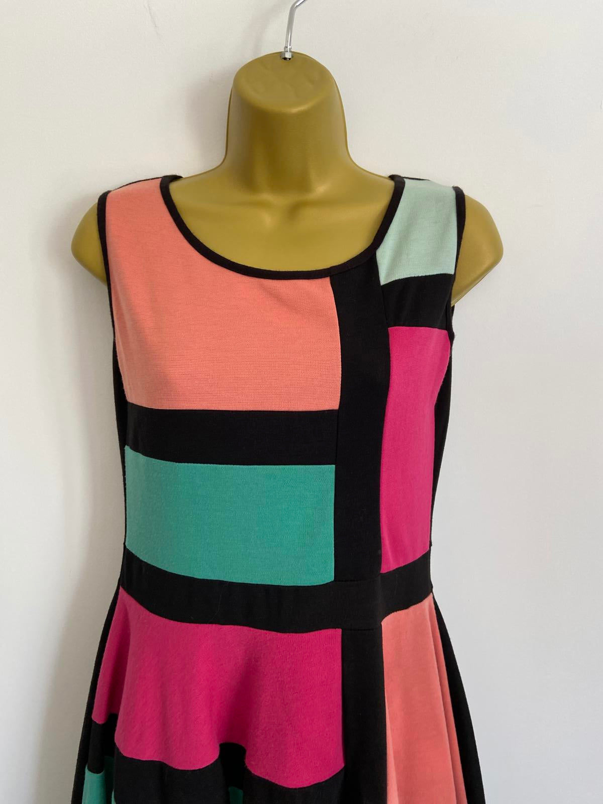 Boohoo Size 12 Colour Block Panel Skater Dress Coral Pink Green & Black