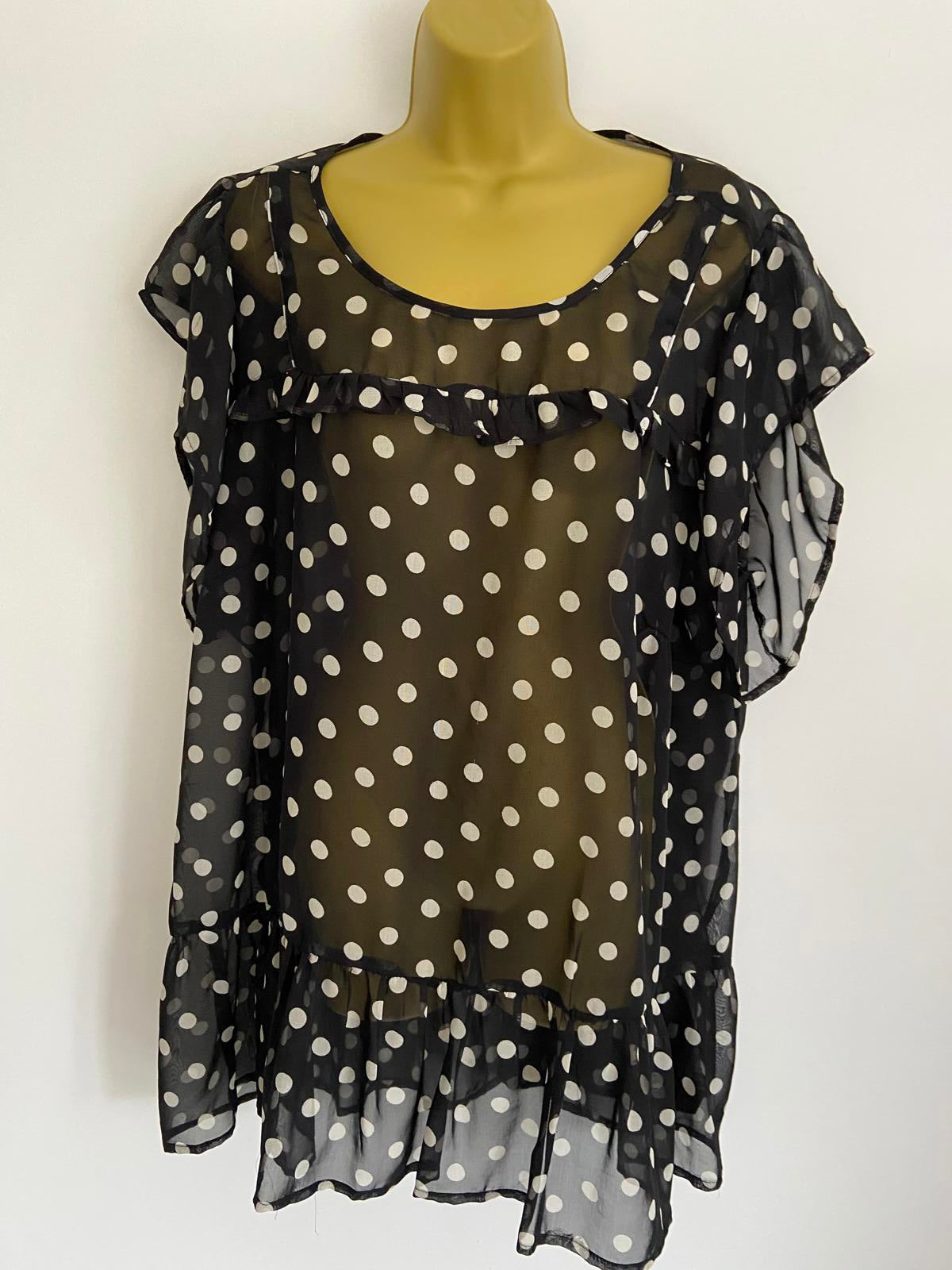 Yours Size 4XL Black & White Polka Dot Sheer Ruffle Trim Sleeveless Blouse