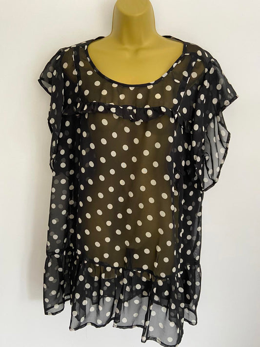 Yours Size 4XL Black & White Polka Dot Sheer Ruffle Trim Sleeveless Blouse