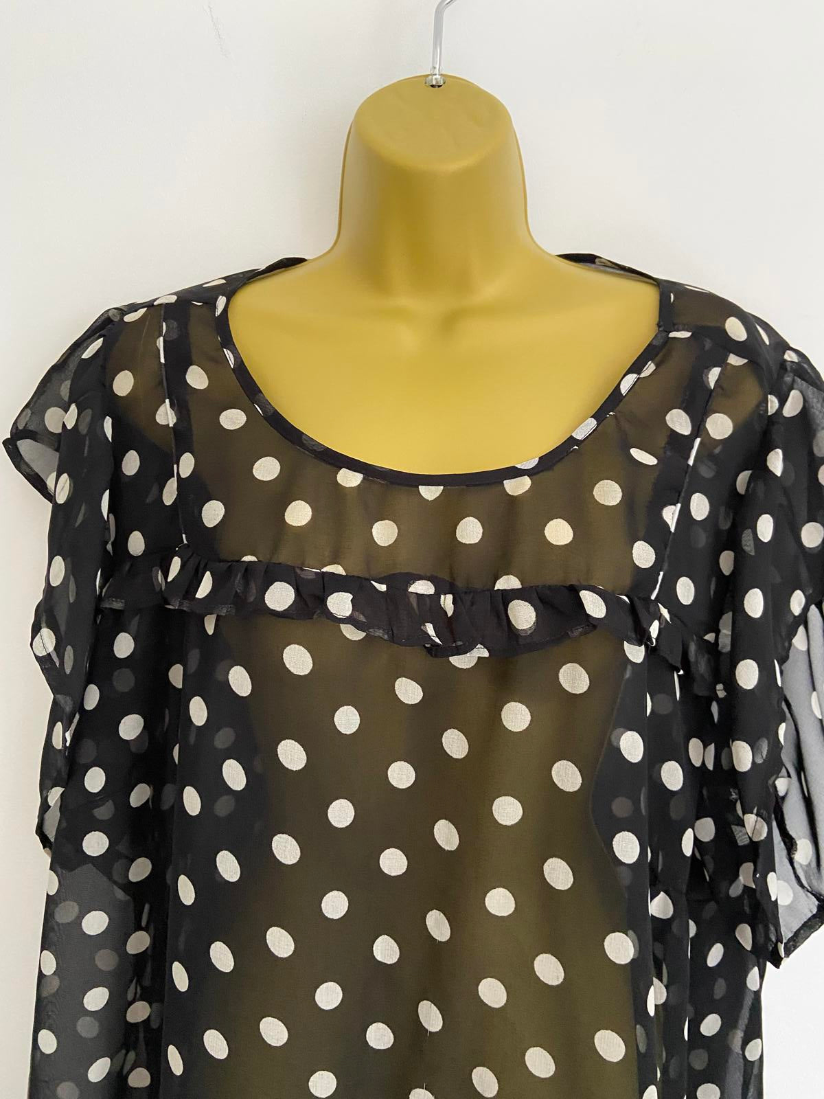 Yours Size 4XL Black & White Polka Dot Sheer Ruffle Trim Sleeveless Blouse