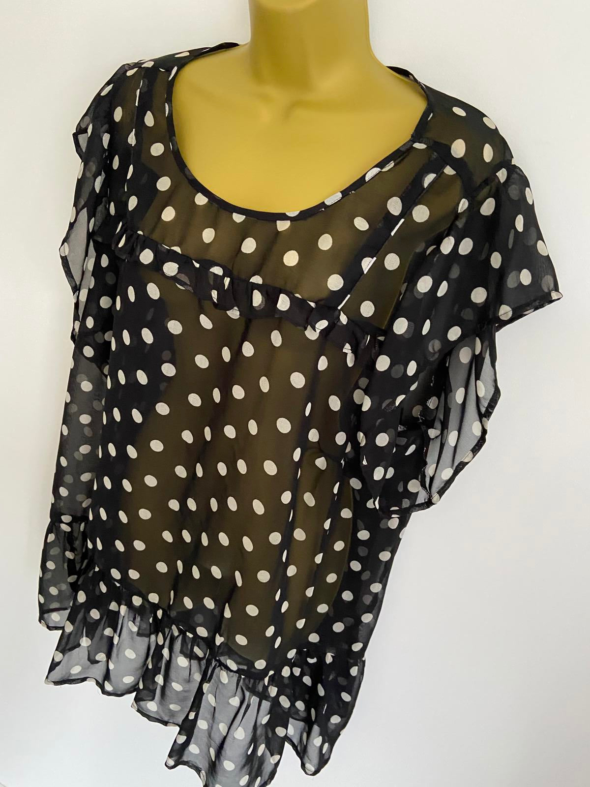 Yours Size 4XL Black & White Polka Dot Sheer Ruffle Trim Sleeveless Blouse