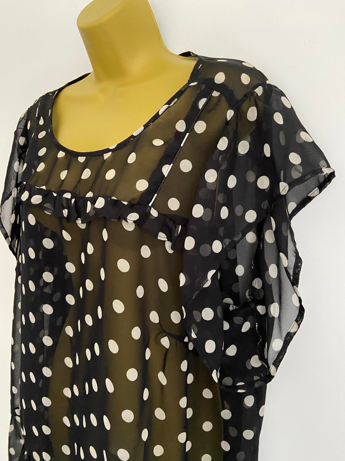 Yours Size 4XL Black & White Polka Dot Sheer Ruffle Trim Sleeveless Blouse