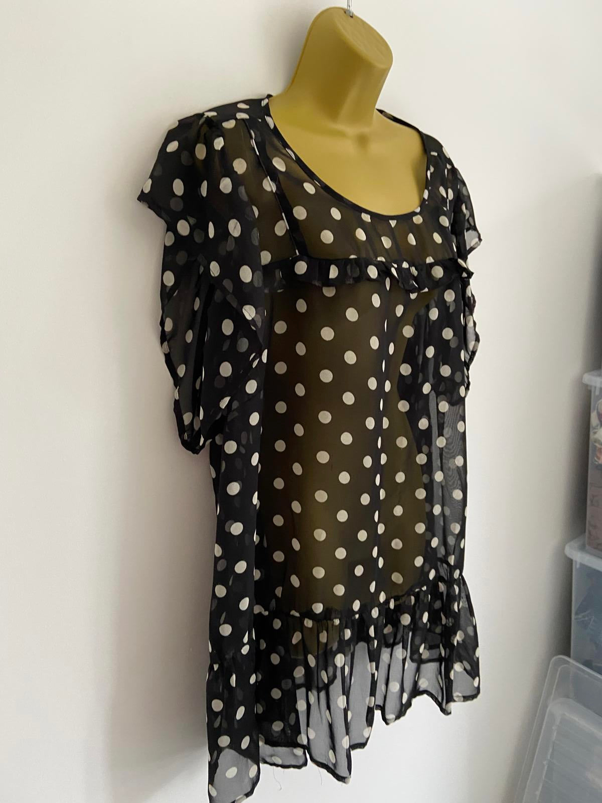 Yours Size 4XL Black & White Polka Dot Sheer Ruffle Trim Sleeveless Blouse