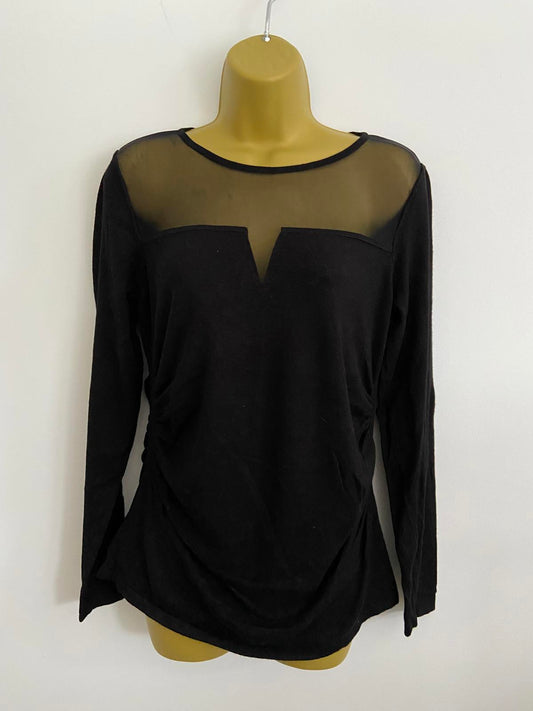 Black Long Sleeve Top with Sheer Mesh Neckline, Ruched Detail, Size Small, new