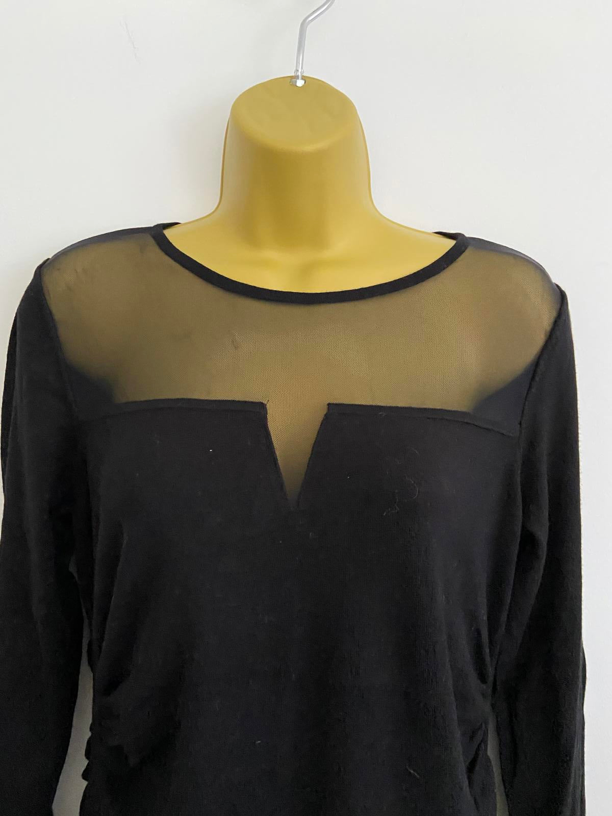 Black Long Sleeve Top with Sheer Mesh Neckline, Ruched Detail, Size Small, new