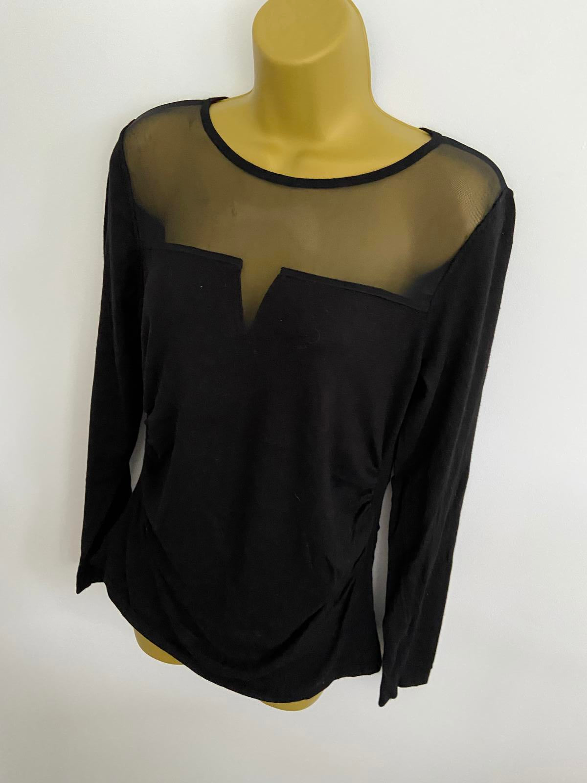 Black Long Sleeve Top with Sheer Mesh Neckline, Ruched Detail, Size Small, new