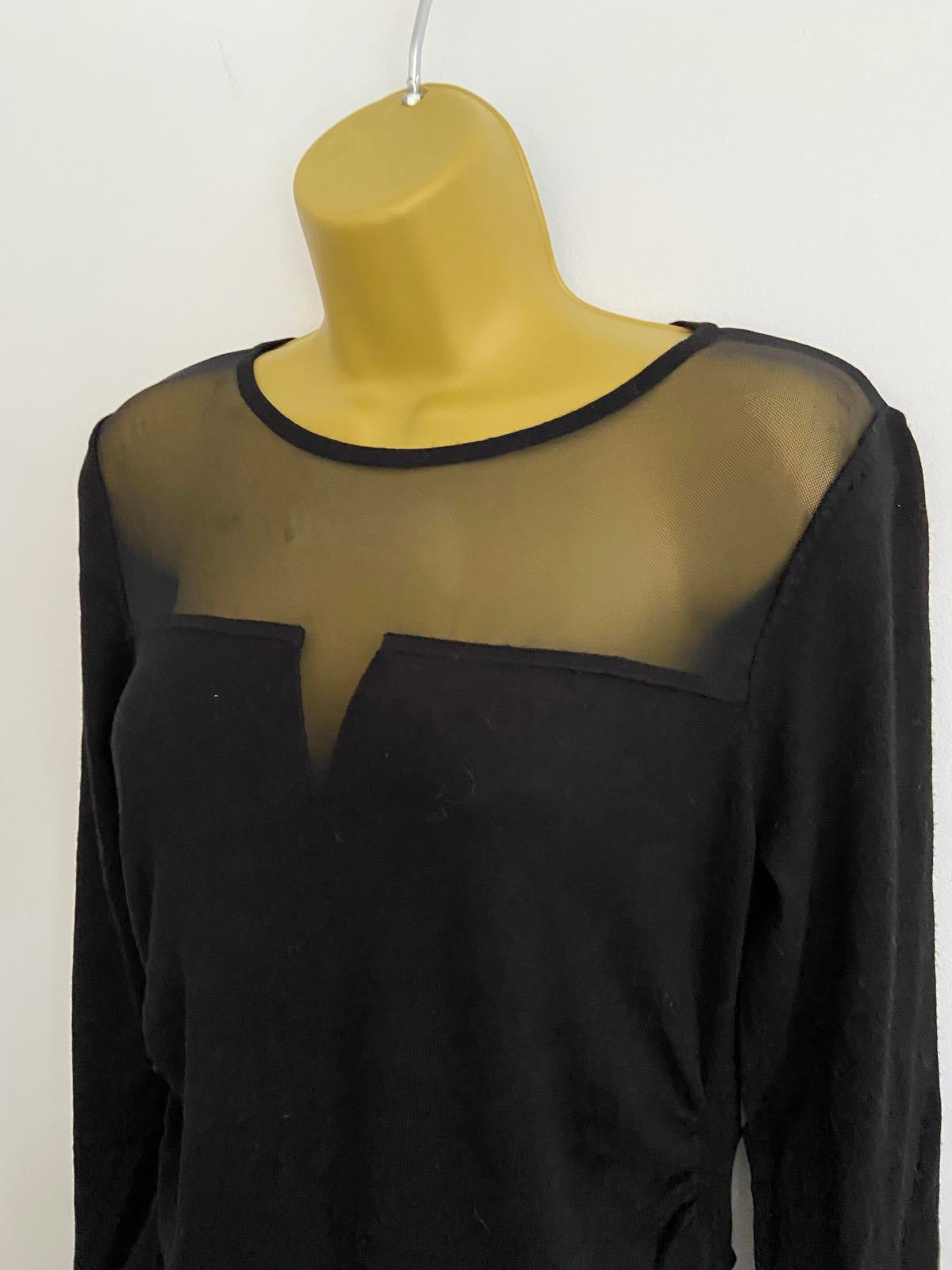 Black Long Sleeve Top with Sheer Mesh Neckline, Ruched Detail, Size Small, new
