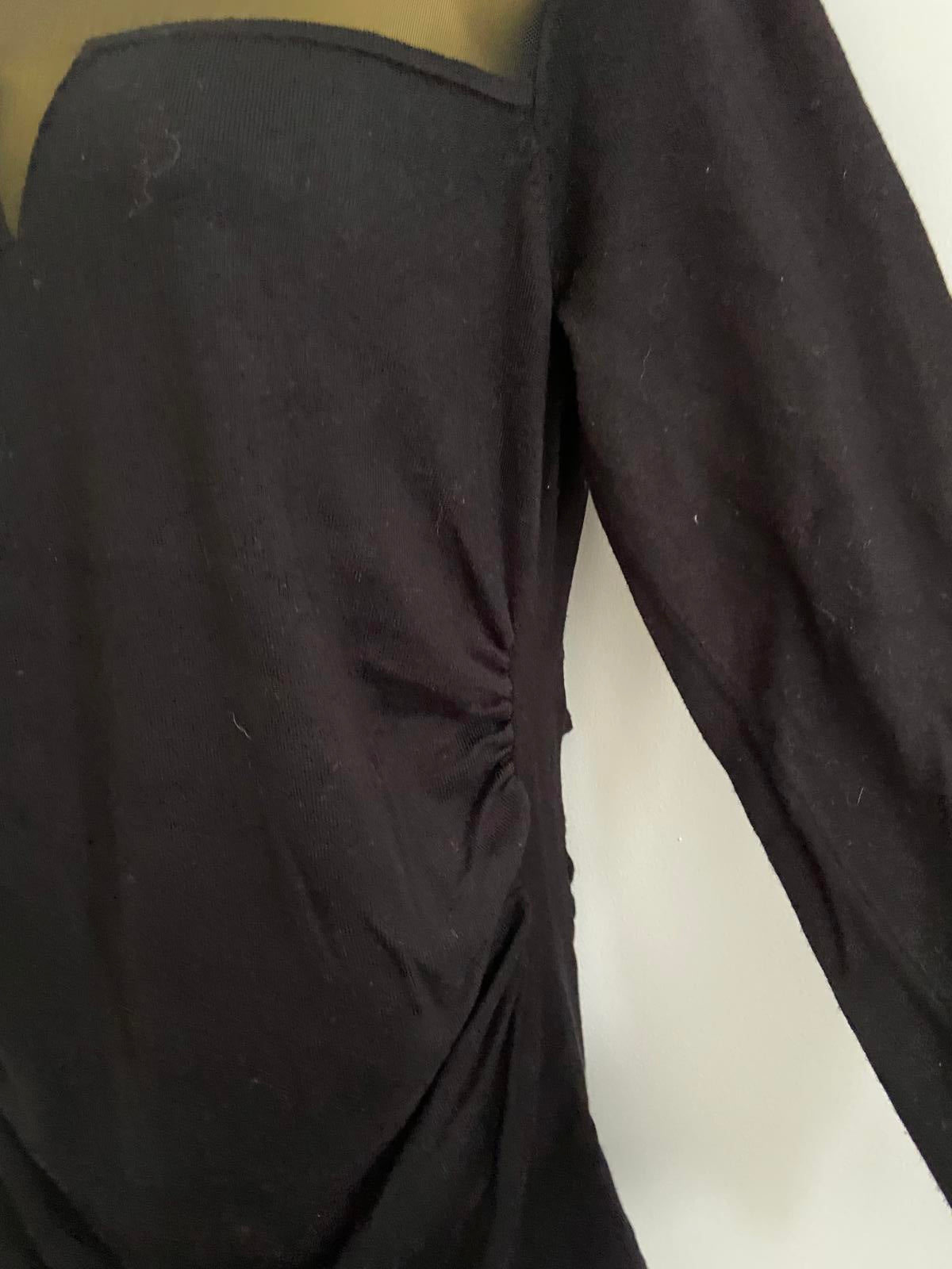 Black Long Sleeve Top with Sheer Mesh Neckline, Ruched Detail, Size Small, new