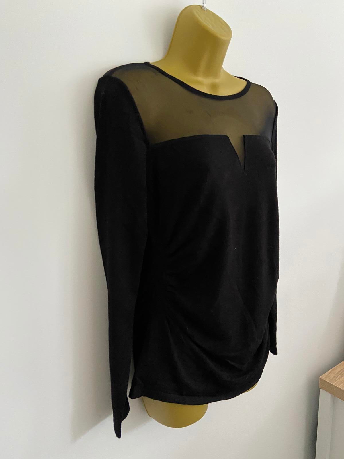 Black Long Sleeve Top with Sheer Mesh Neckline, Ruched Detail, Size Small, new