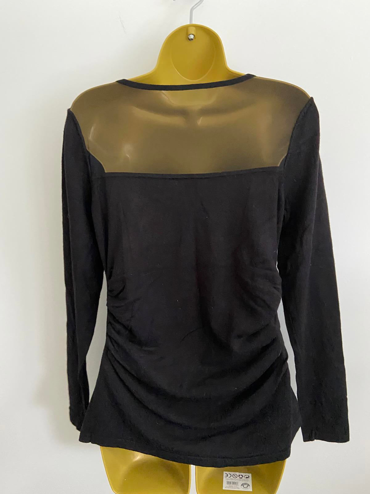 Black Long Sleeve Top with Sheer Mesh Neckline, Ruched Detail, Size Small, new