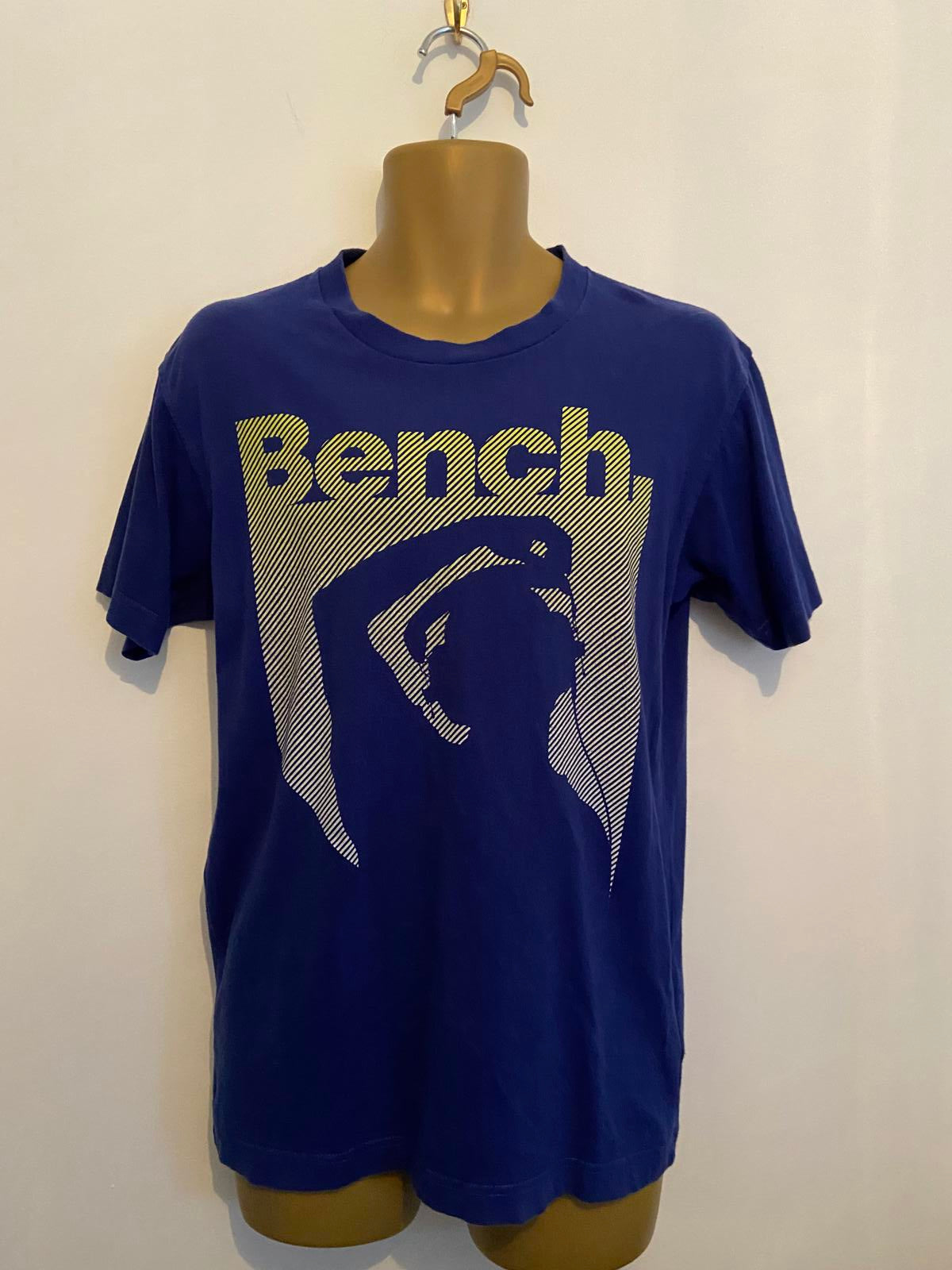 Bench Men's Blue Graphic T-Shirt - Short Sleeve, Yellow Striped Logo, Size Small