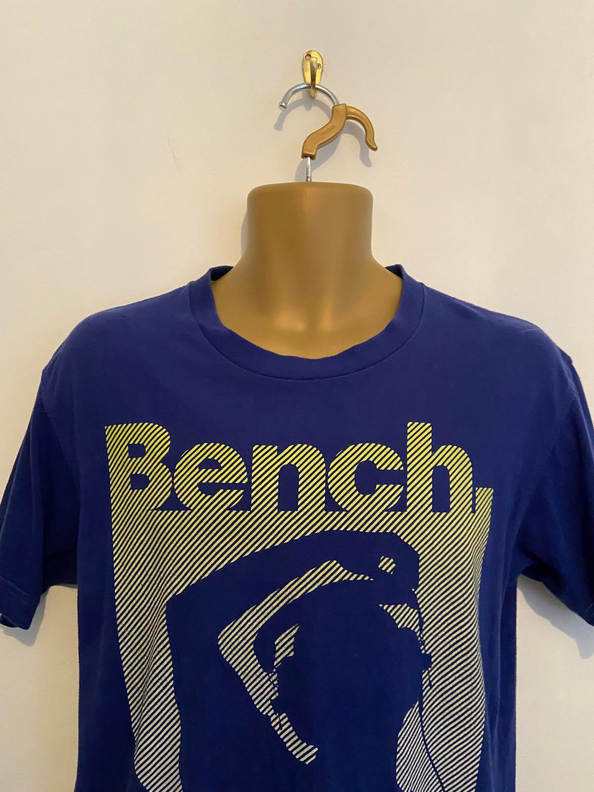 Bench Men's Blue Graphic T-Shirt - Short Sleeve, Yellow Striped Logo, Size Small