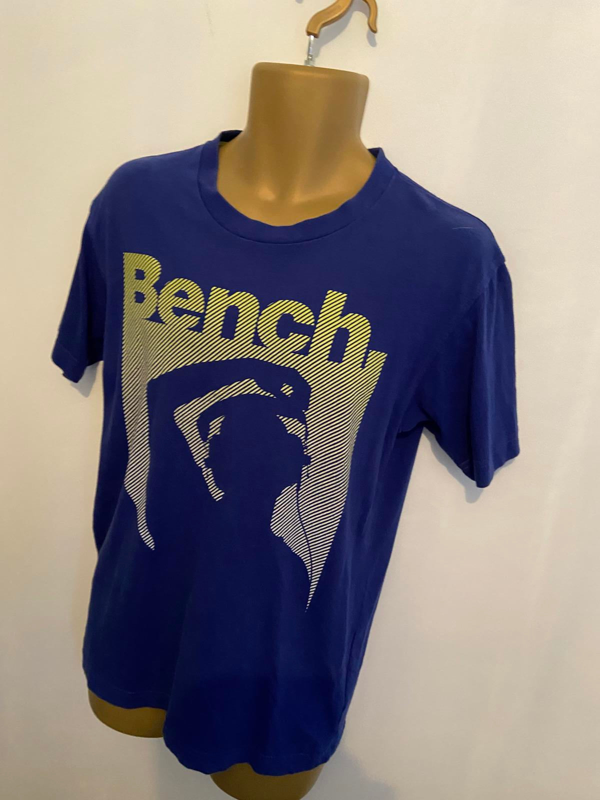 Bench Men's Blue Graphic T-Shirt - Short Sleeve, Yellow Striped Logo, Size Small