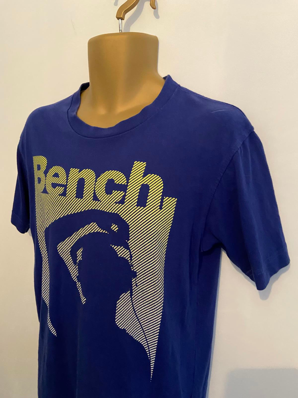 Bench Men's Blue Graphic T-Shirt - Short Sleeve, Yellow Striped Logo, Size Small