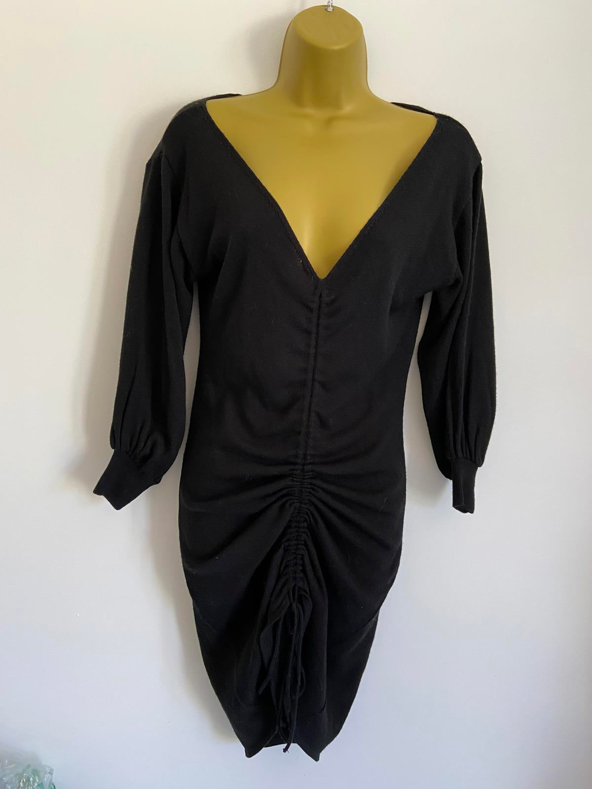 ASOS Size 6 Black V-Neck Knit Dress Long Sleeve with Ruched Drawstring Detail