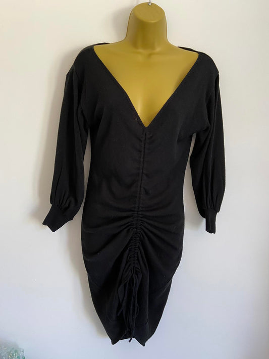 ASOS Size 6 Black V-Neck Knit Dress Long Sleeve with Ruched Drawstring Detail
