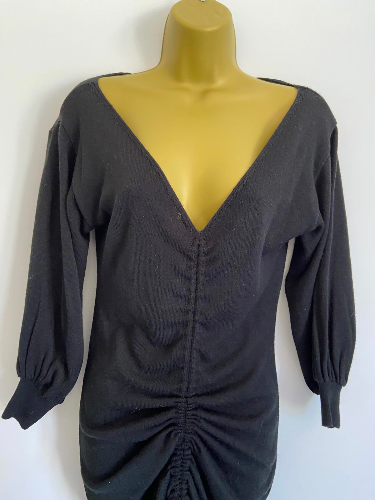 ASOS Size 6 Black V-Neck Knit Dress Long Sleeve with Ruched Drawstring Detail