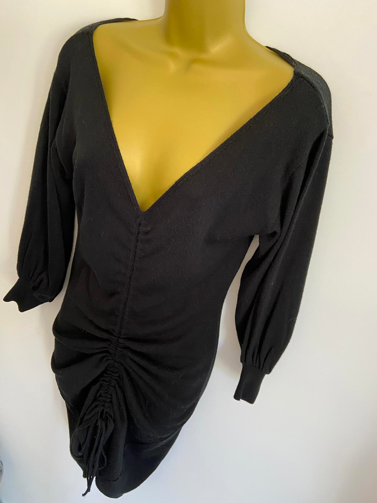 ASOS Size 6 Black V-Neck Knit Dress Long Sleeve with Ruched Drawstring Detail