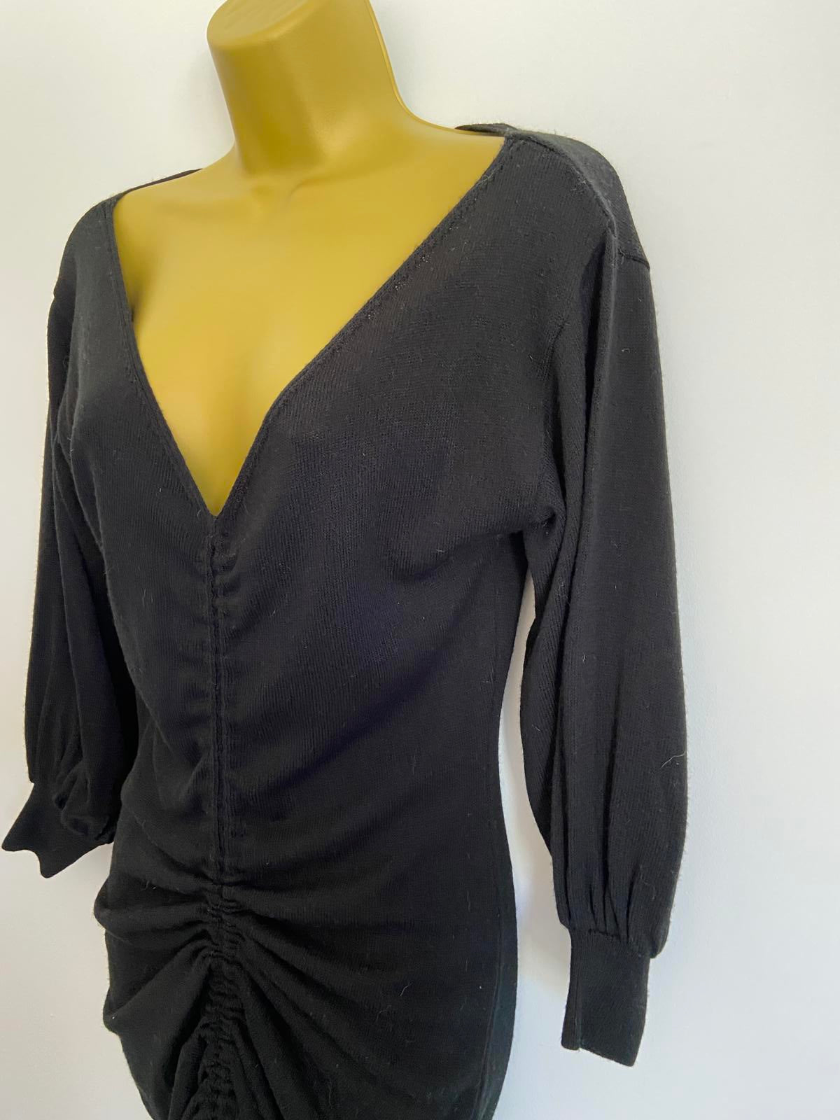 ASOS Size 6 Black V-Neck Knit Dress Long Sleeve with Ruched Drawstring Detail