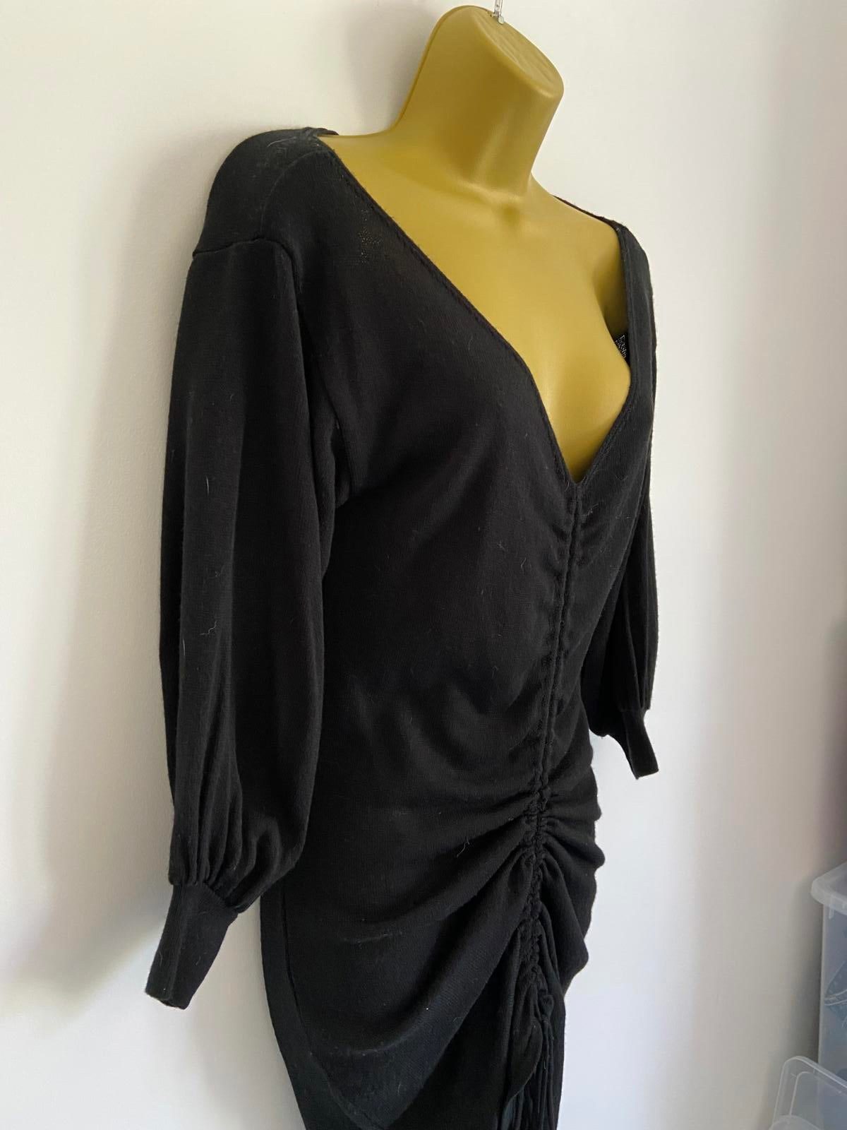 ASOS Size 6 Black V-Neck Knit Dress Long Sleeve with Ruched Drawstring Detail