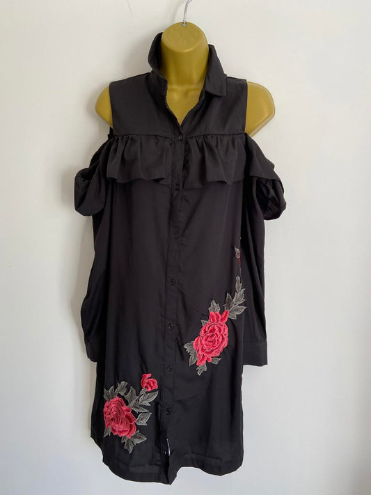 Boohoo Size 12 Black Cold Shoulder Shirt Dress Floral Rose Embroidery Detail