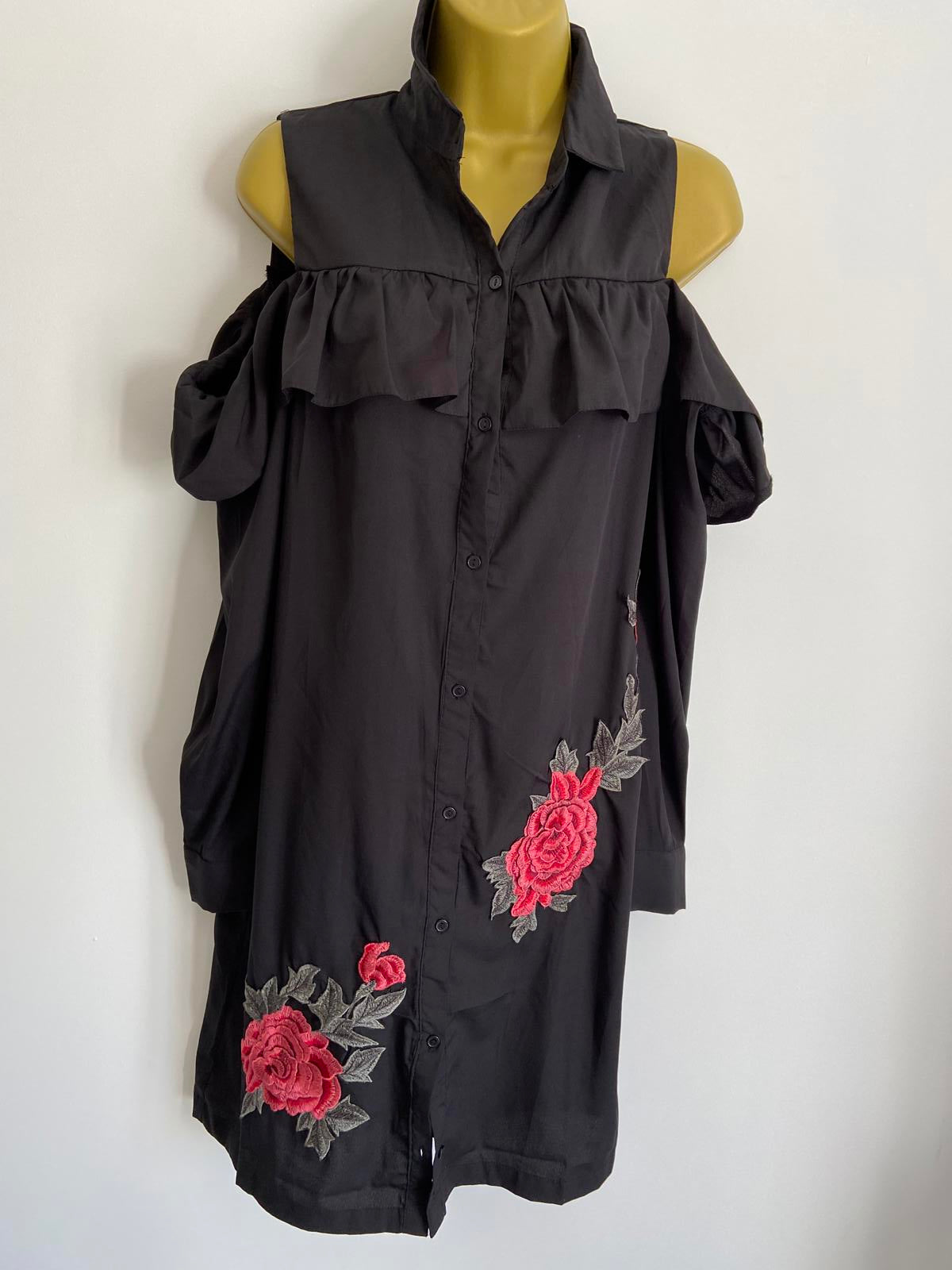 Boohoo Size 12 Black Cold Shoulder Shirt Dress Floral Rose Embroidery Detail