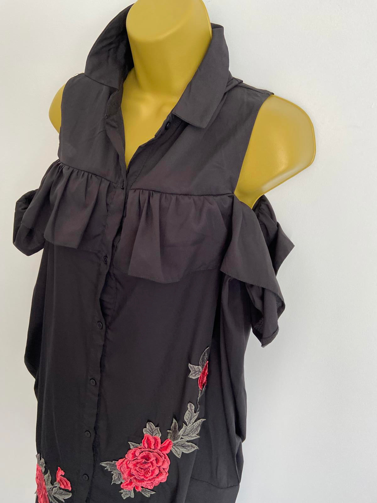 Boohoo Size 12 Black Cold Shoulder Shirt Dress Floral Rose Embroidery Detail