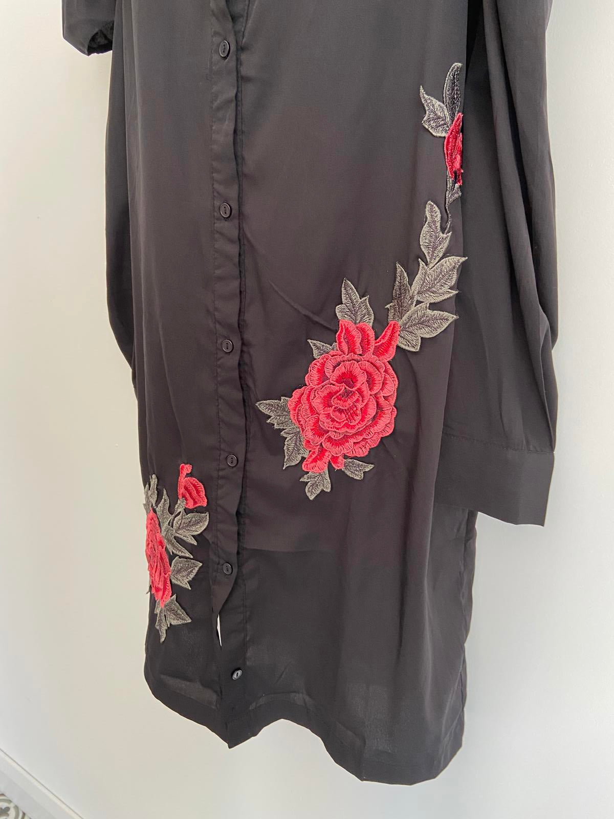 Boohoo Size 12 Black Cold Shoulder Shirt Dress Floral Rose Embroidery Detail
