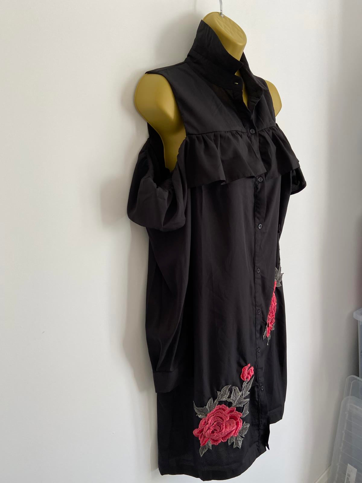 Boohoo Size 12 Black Cold Shoulder Shirt Dress Floral Rose Embroidery Detail