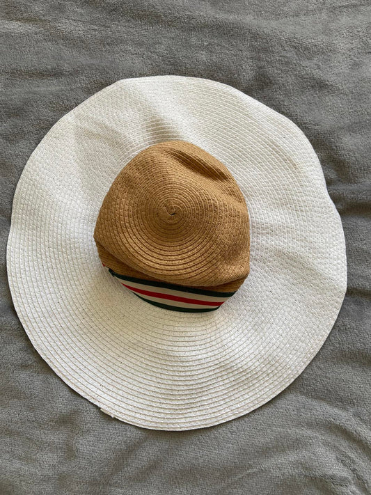 Primark One Size Straw Sun Hat White Wide Brim Brown Crown Striped Ribbon
