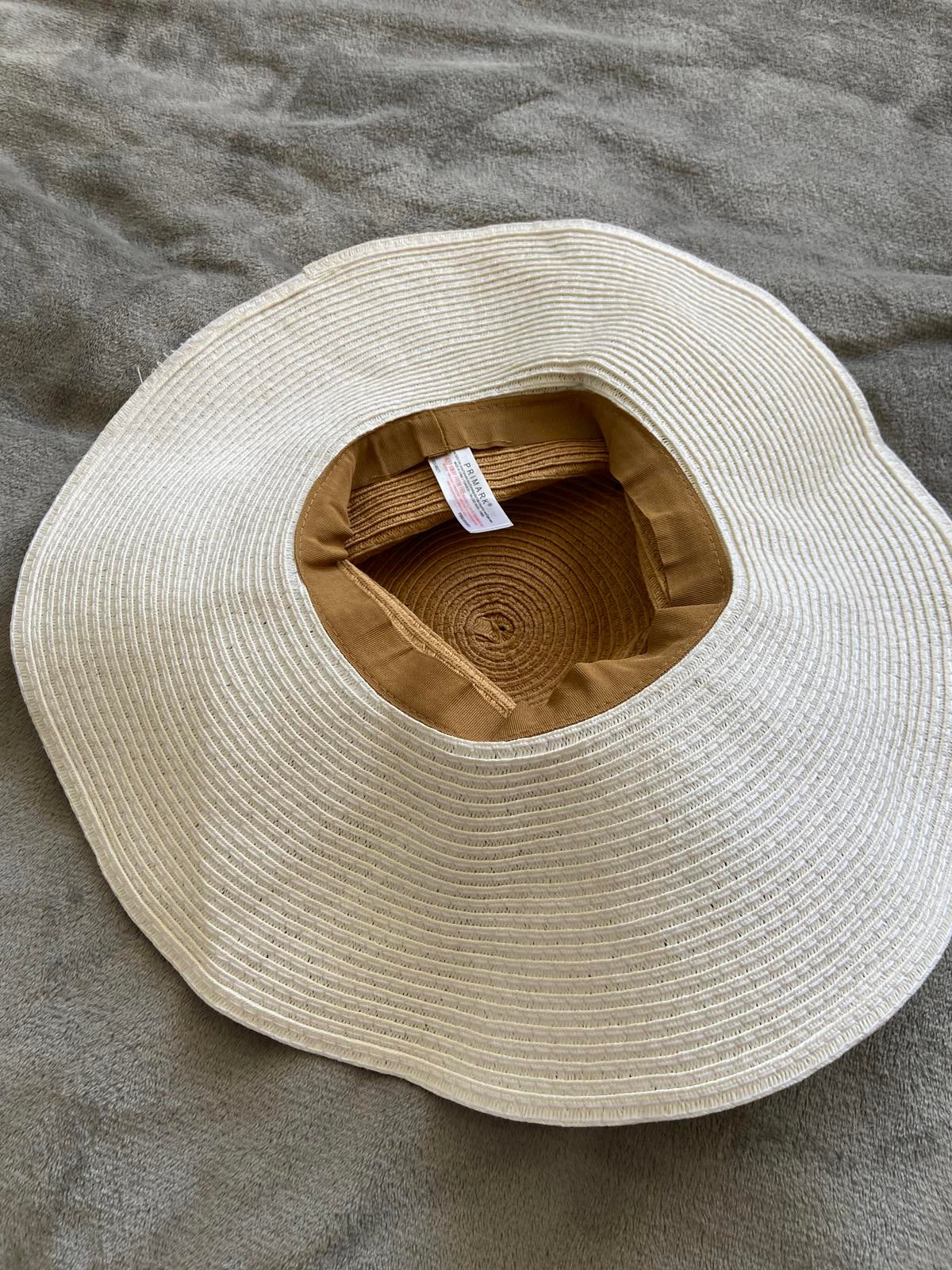 Primark One Size Straw Sun Hat White Wide Brim Brown Crown Striped Ribbon