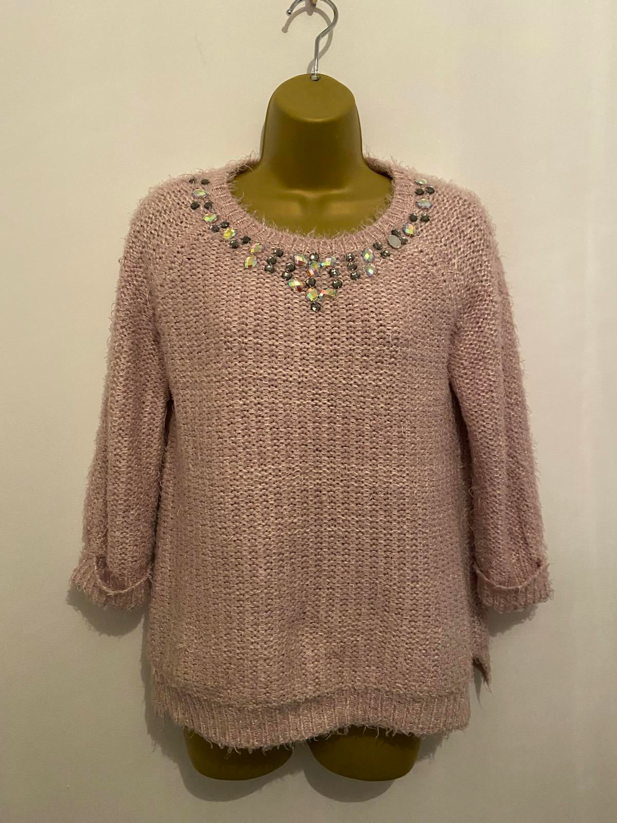 Dunnes Stores Ladies Dusty Pink Fluffy Jumper - Sequin/Bead Neckline, Size Small