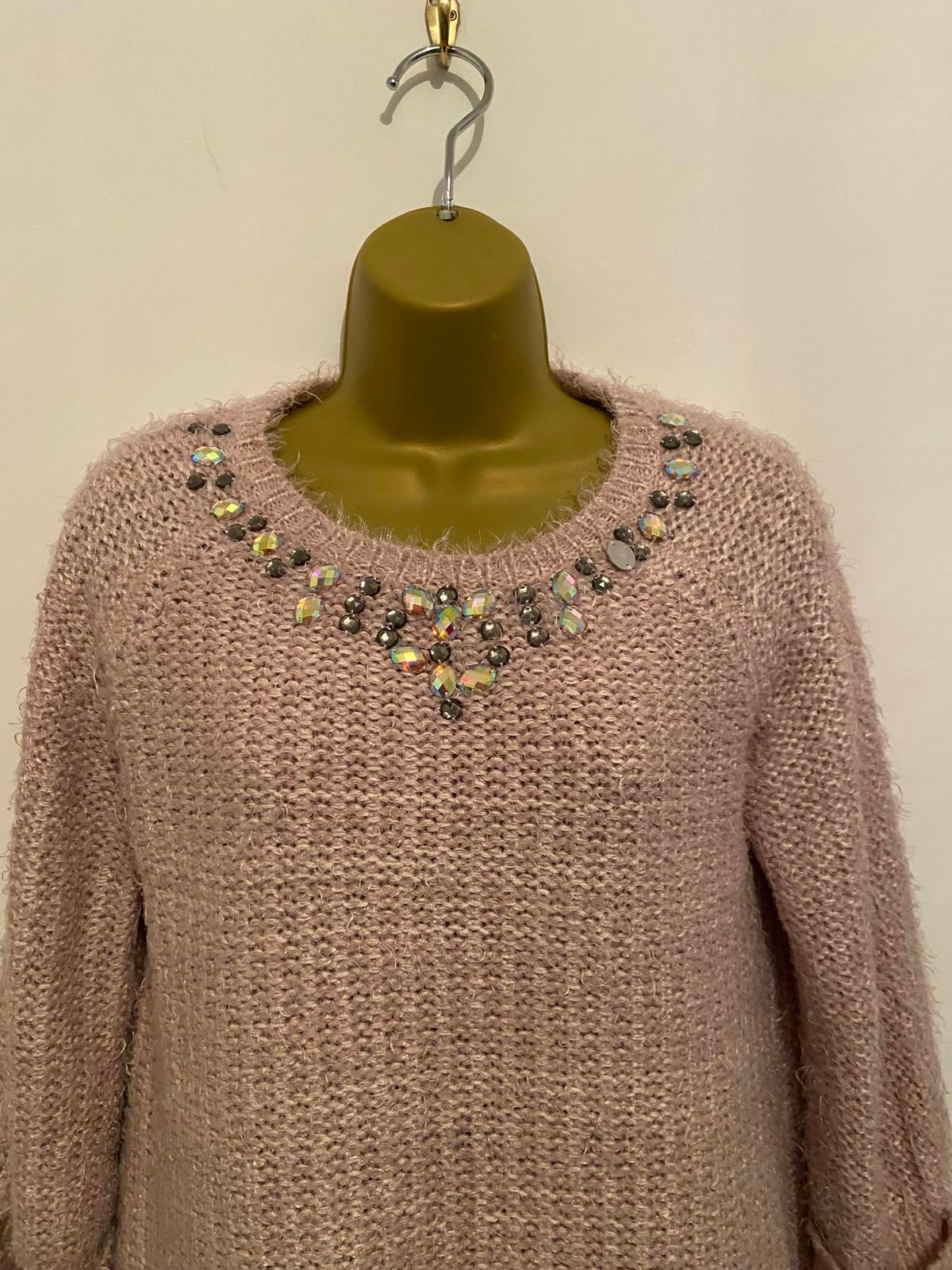 Dunnes Stores Ladies Dusty Pink Fluffy Jumper - Sequin/Bead Neckline, Size Small